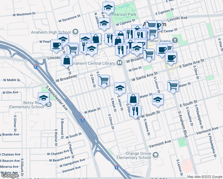 map of restaurants, bars, coffee shops, grocery stores, and more near 510 South Resh Street in Anaheim