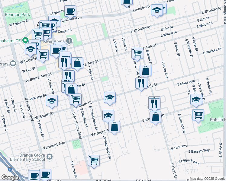 map of restaurants, bars, coffee shops, grocery stores, and more near 740 South Kroeger Street in Anaheim