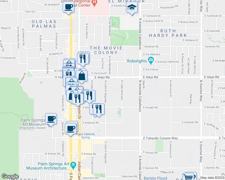 map of restaurants, bars, coffee shops, grocery stores, and more near 413 Rio Vista Drive in Palm Springs