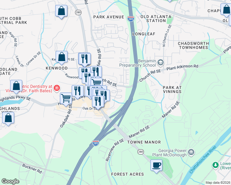 map of restaurants, bars, coffee shops, grocery stores, and more near 1600 Tibarron Parkway Southeast in Smyrna