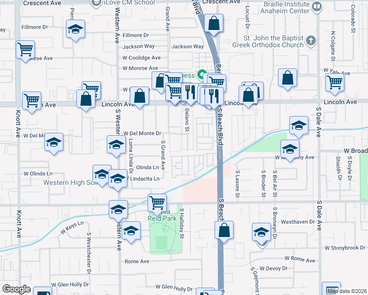 map of restaurants, bars, coffee shops, grocery stores, and more near 229 Delano Street in Anaheim