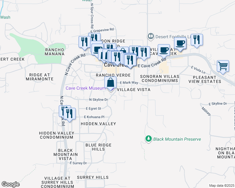 map of restaurants, bars, coffee shops, grocery stores, and more near 38008 North Basin Road in Cave Creek