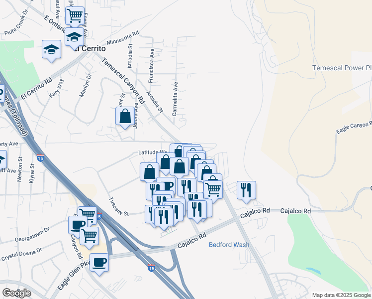 map of restaurants, bars, coffee shops, grocery stores, and more near 19594 Temescal Canyon Road in Corona