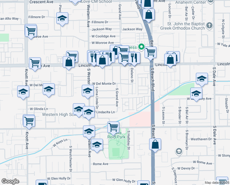 map of restaurants, bars, coffee shops, grocery stores, and more near 3110 West Del Monte Drive in Anaheim