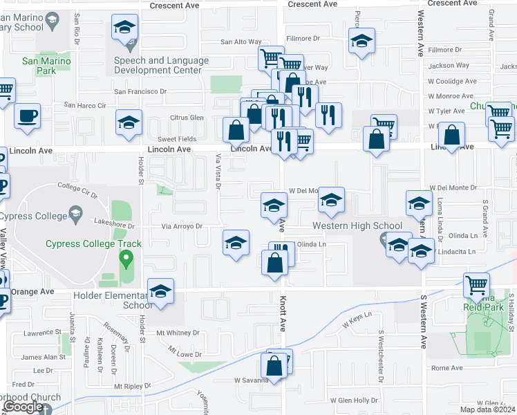 map of restaurants, bars, coffee shops, grocery stores, and more near 3524 West Del Monte Drive in Anaheim
