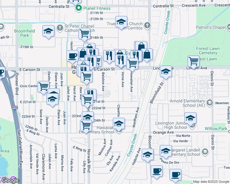 map of restaurants, bars, coffee shops, grocery stores, and more near 21909 Claretta Avenue in Hawaiian Gardens