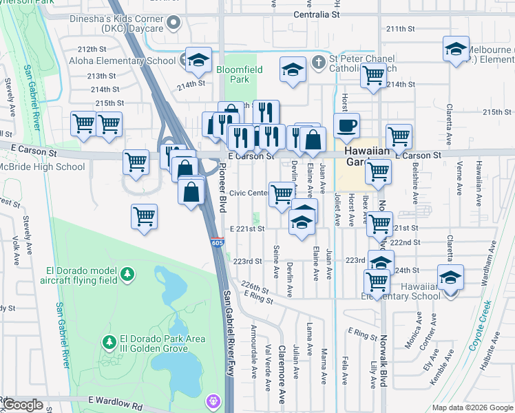 map of restaurants, bars, coffee shops, grocery stores, and more near 21827 Clarkdale Avenue in Hawaiian Gardens