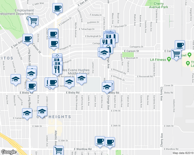 map of restaurants, bars, coffee shops, grocery stores, and more near 3912 Cerritos Avenue in Long Beach