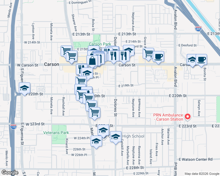map of restaurants, bars, coffee shops, grocery stores, and more near 21825 Dolores Street in Carson