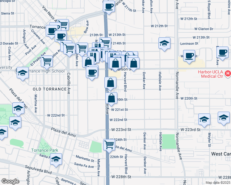 map of restaurants, bars, coffee shops, grocery stores, and more near 1645 West 219th Street in Torrance
