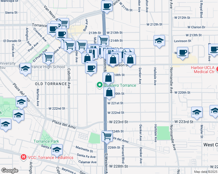 map of restaurants, bars, coffee shops, grocery stores, and more near 1645 West 219th Street in Torrance