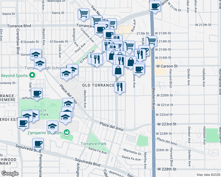 map of restaurants, bars, coffee shops, grocery stores, and more near 1803 Andreo Avenue in Torrance