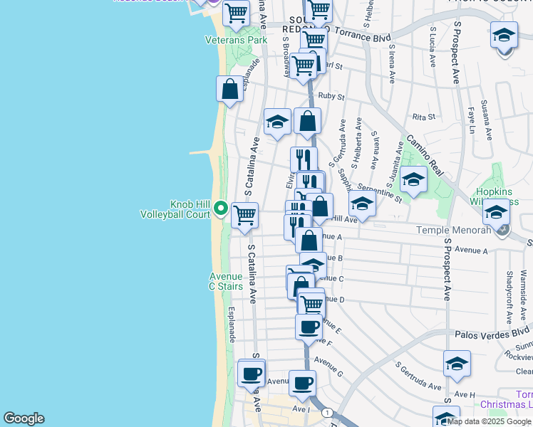 map of restaurants, bars, coffee shops, grocery stores, and more near 722 South Broadway in Redondo Beach