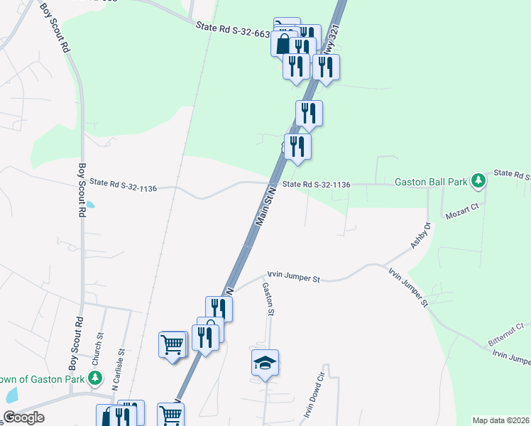 map of restaurants, bars, coffee shops, grocery stores, and more near 356 Main Street North in Gaston