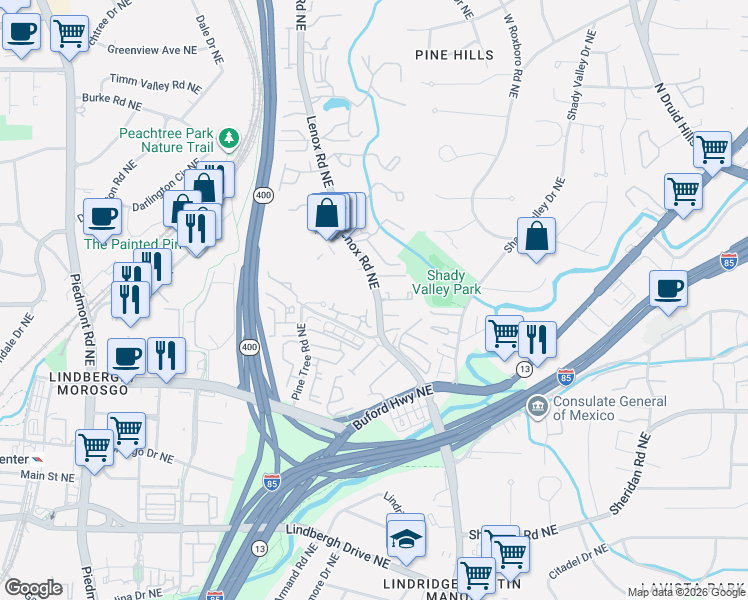 map of restaurants, bars, coffee shops, grocery stores, and more near 1302 Pine Heights Drive Northeast in Atlanta