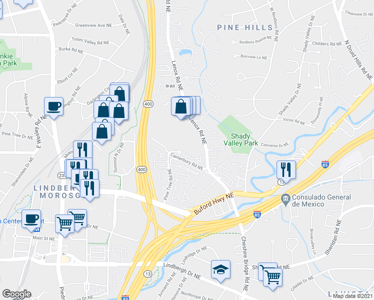 map of restaurants, bars, coffee shops, grocery stores, and more near 2108 Pine Heights Drive Northeast in Atlanta