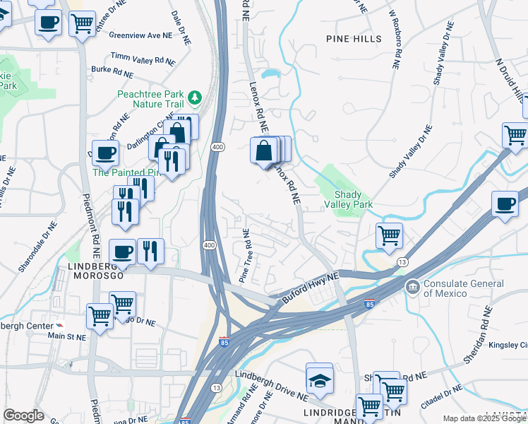 map of restaurants, bars, coffee shops, grocery stores, and more near 938 Canterbury Road Northeast in Atlanta