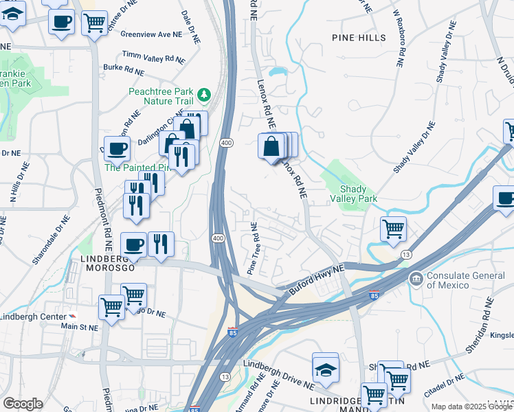 map of restaurants, bars, coffee shops, grocery stores, and more near 914 Canterbury Lane Northeast in Atlanta