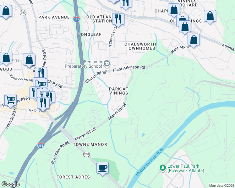 map of restaurants, bars, coffee shops, grocery stores, and more near 2519 Alvecot Circle Southeast in Atlanta