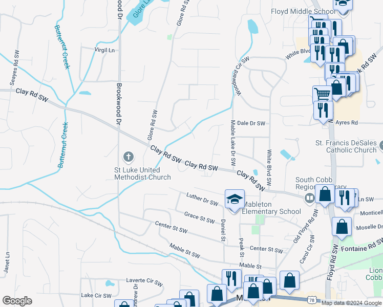 map of restaurants, bars, coffee shops, grocery stores, and more near 5187 2 Branches Court Southwest in Mableton