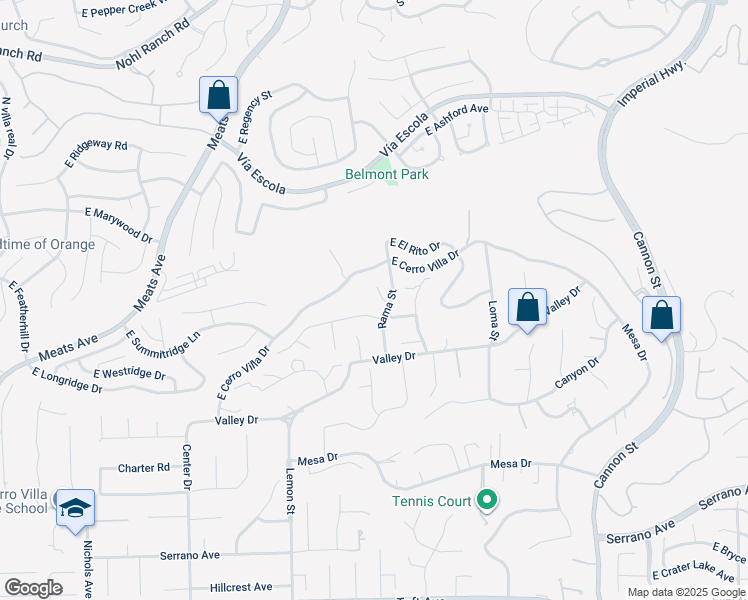 map of restaurants, bars, coffee shops, grocery stores, and more near 18732 Monte Vista Circle in Villa Park