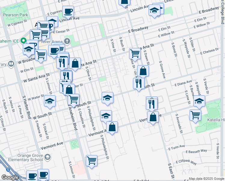 map of restaurants, bars, coffee shops, grocery stores, and more near 678 East Valencia Street in Anaheim