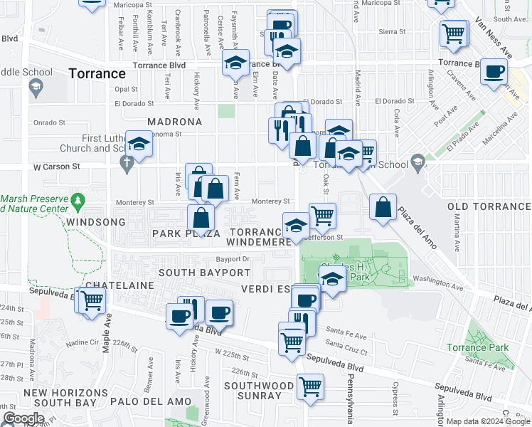 map of restaurants, bars, coffee shops, grocery stores, and more near 2571 Plaza del Amo in Torrance
