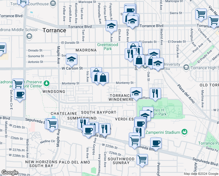 map of restaurants, bars, coffee shops, grocery stores, and more near 2621 Plaza del Amo in Torrance