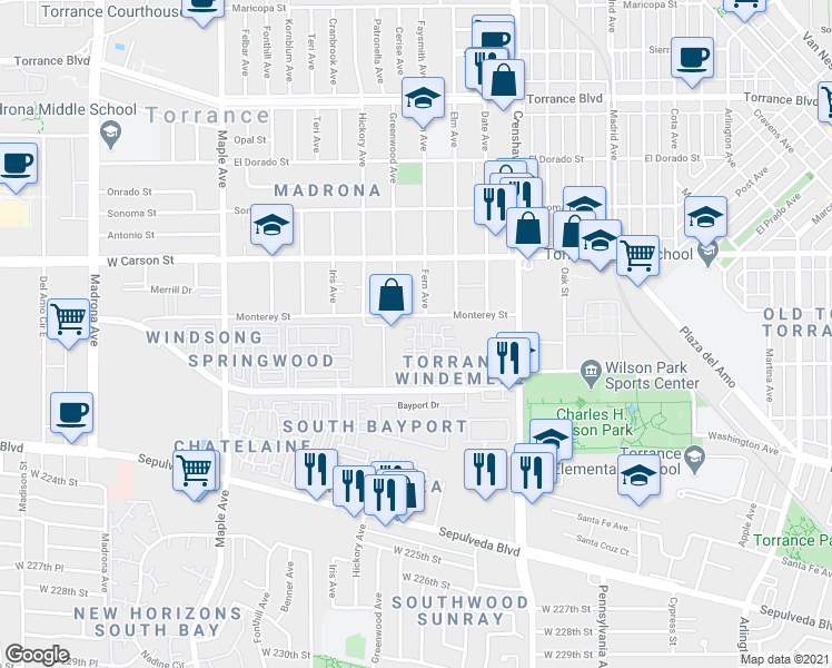 map of restaurants, bars, coffee shops, grocery stores, and more near 2621 Plaza del Amo in Torrance