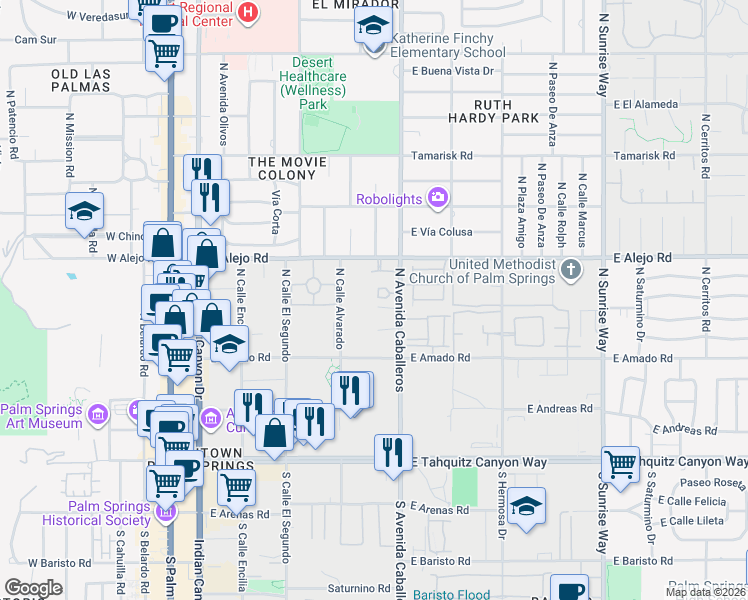 map of restaurants, bars, coffee shops, grocery stores, and more near 427 North Avenida Caballeros in Palm Springs