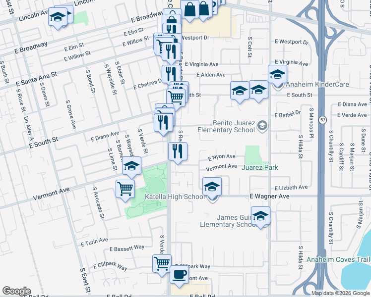 map of restaurants, bars, coffee shops, grocery stores, and more near 2106 East Nura Place in Anaheim