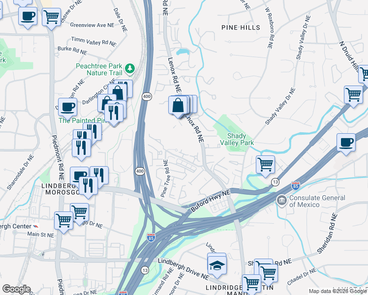 map of restaurants, bars, coffee shops, grocery stores, and more near 2108 Pine Heights Drive Northeast in Atlanta