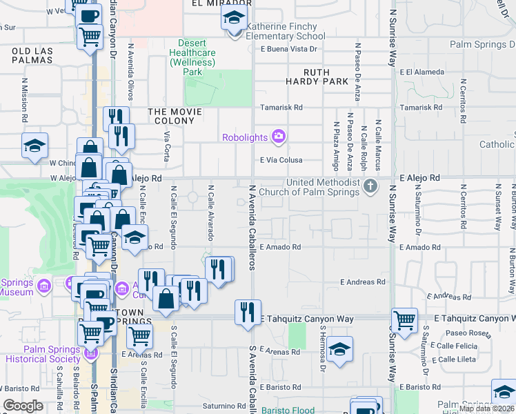 map of restaurants, bars, coffee shops, grocery stores, and more near 459 Dion Drive in Palm Springs