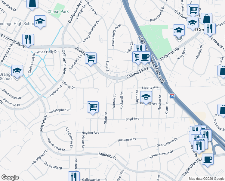 map of restaurants, bars, coffee shops, grocery stores, and more near 20015 Winton Street in Corona