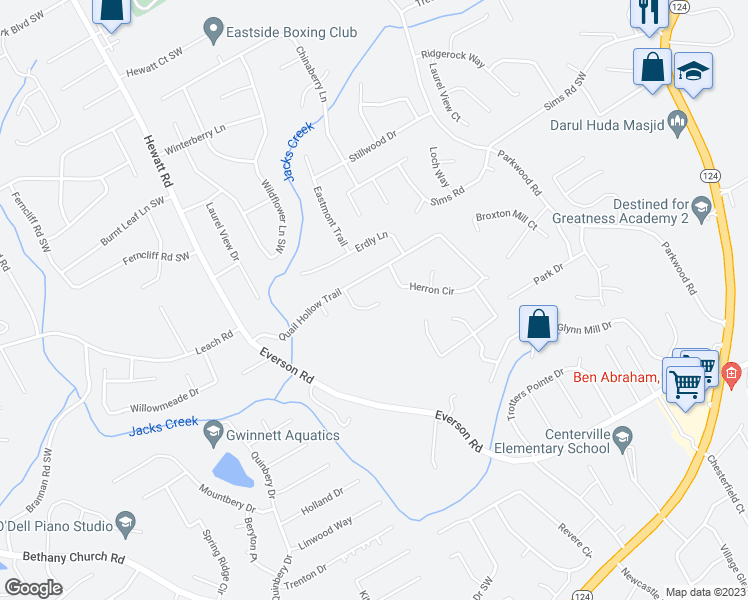 map of restaurants, bars, coffee shops, grocery stores, and more near 2784 Varlet Court Southwest in Snellville