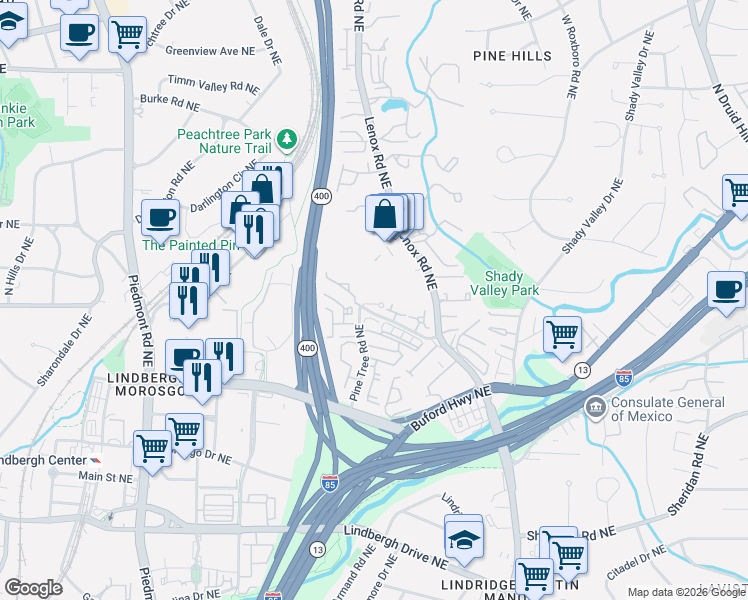 map of restaurants, bars, coffee shops, grocery stores, and more near 2108 Pine Heights Drive Northeast in Atlanta