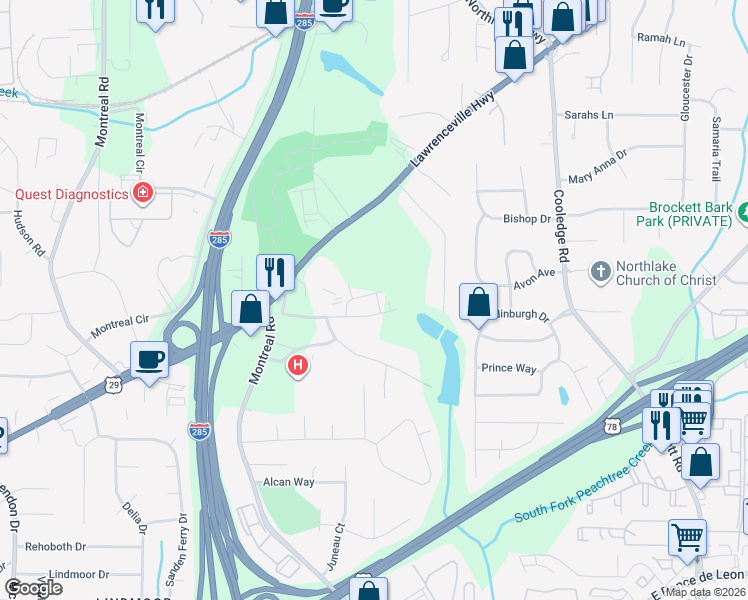 map of restaurants, bars, coffee shops, grocery stores, and more near 3071 Lawrenceville Highway in Tucker
