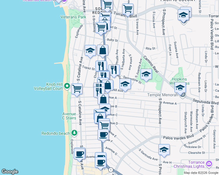 map of restaurants, bars, coffee shops, grocery stores, and more near 641 South Gertruda Avenue in Redondo Beach