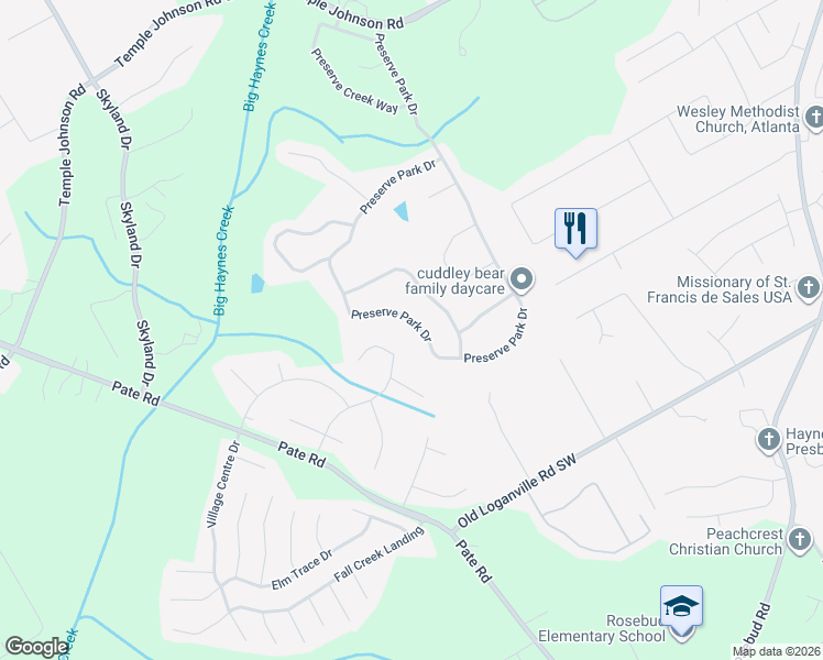map of restaurants, bars, coffee shops, grocery stores, and more near 927 Preserve Park Drive in Loganville