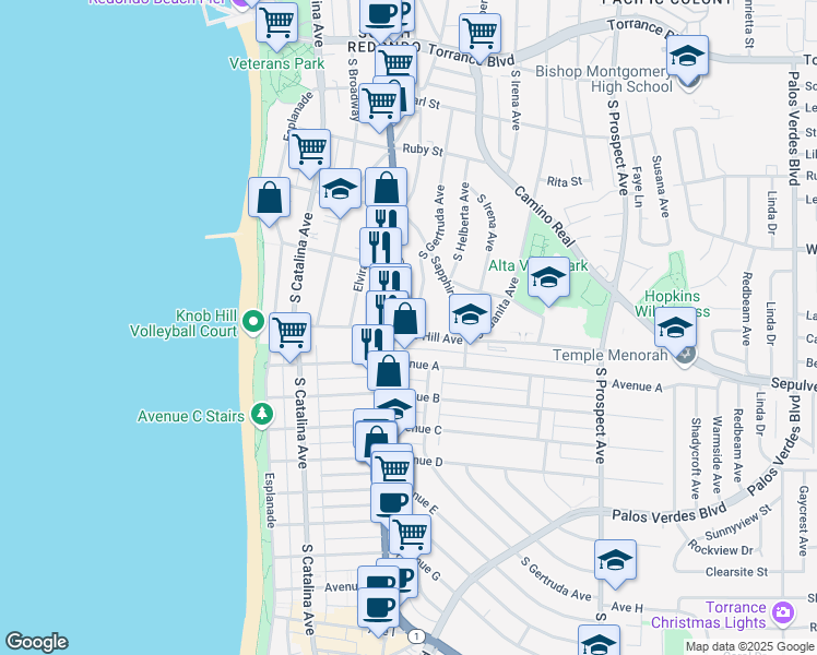 map of restaurants, bars, coffee shops, grocery stores, and more near 641 South Gertruda Avenue in Redondo Beach