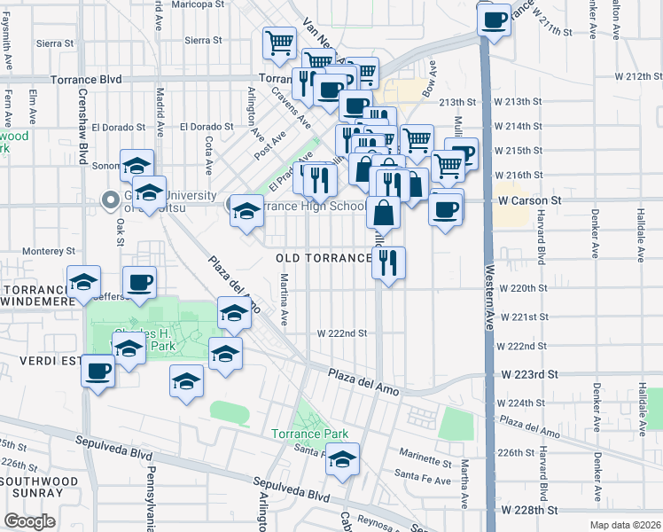 map of restaurants, bars, coffee shops, grocery stores, and more near 1825 Gramercy Ave in Torrance