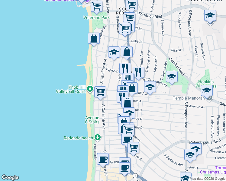 map of restaurants, bars, coffee shops, grocery stores, and more near 722 South Broadway in Redondo Beach