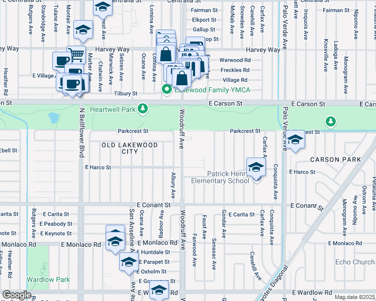 map of restaurants, bars, coffee shops, grocery stores, and more near 3908 Woodruff Avenue in Long Beach