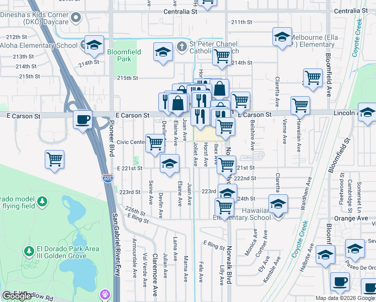 map of restaurants, bars, coffee shops, grocery stores, and more near 21918 Juan Avenue in Hawaiian Gardens