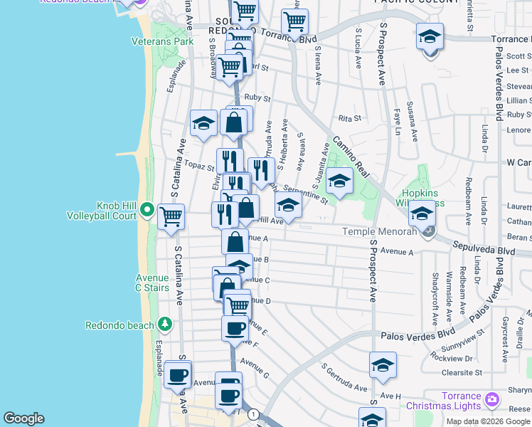 map of restaurants, bars, coffee shops, grocery stores, and more near 710 Sapphire Street in Redondo Beach