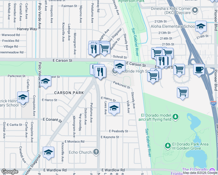 map of restaurants, bars, coffee shops, grocery stores, and more near 6950 Parkcrest Street in Long Beach