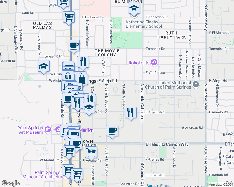 map of restaurants, bars, coffee shops, grocery stores, and more near 414 Rio Vista Drive in Palm Springs