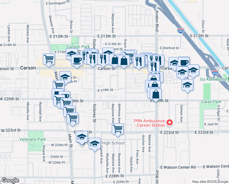 map of restaurants, bars, coffee shops, grocery stores, and more near 416 East 219th Street in Carson