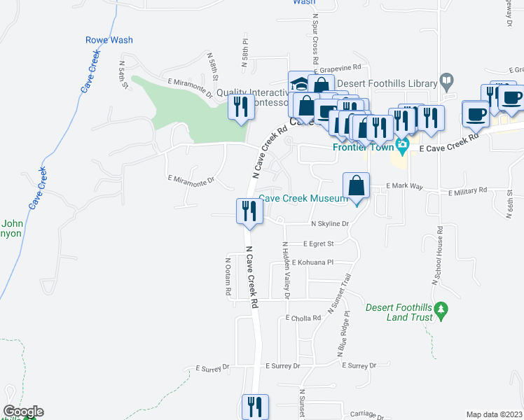 map of restaurants, bars, coffee shops, grocery stores, and more near 38701 East Cave Creek Road in Cave Creek