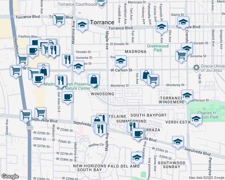 map of restaurants, bars, coffee shops, grocery stores, and more near 2971 Plaza del Amo in Torrance